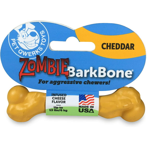 Tough Durable Extreme Power Chewer Bone Cheddar Cheese Flavor XL for Large Breed Dogs with FDA Compliant Nylon Made in USA Pet Qwerks Zombie BarkBone Nylon Chew Toy for Aggressive Chewers